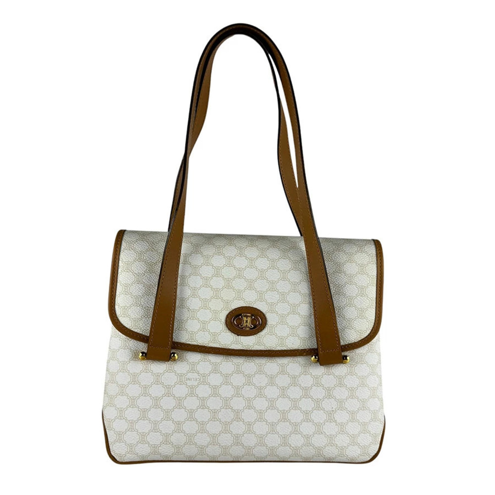 Celine Macadam Handbag Canvas Leather White Brown